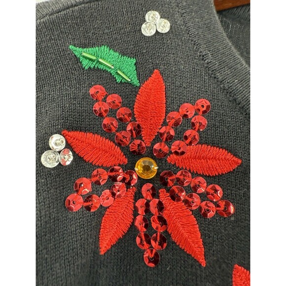 Classic Elements Holiday Poinsettia Cardigan Black Sequin Sweater Petite LARGE - Picture 2 of 14